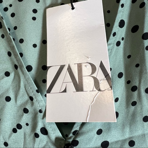 Zara Sage Green & Black Polka Dot Long sleeve Ruched V Neck Mini Dress S… - Picture 7 of 11